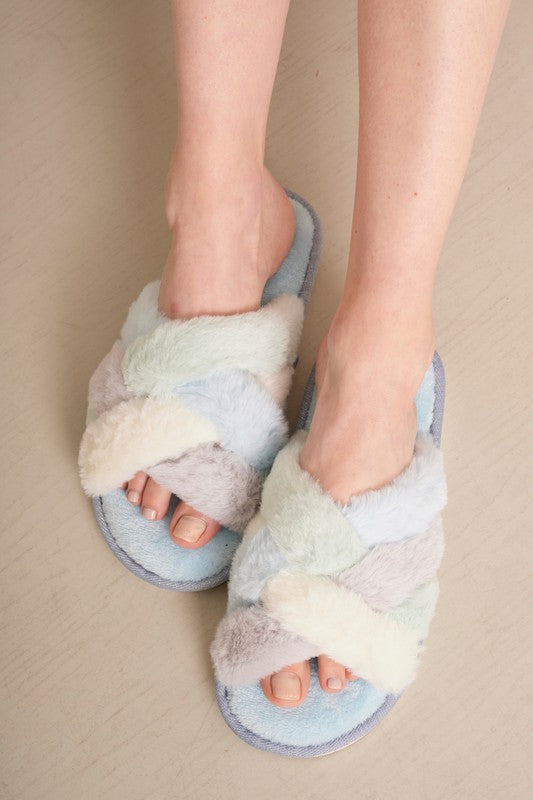 Criss Cross Knot Faux Fur Slippers