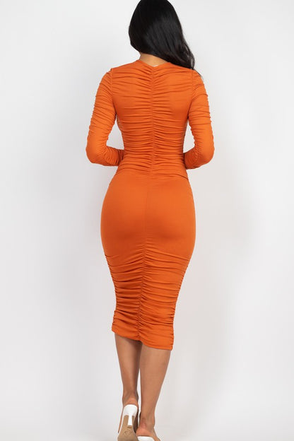 Ruched Long Sleeve Midi Dress